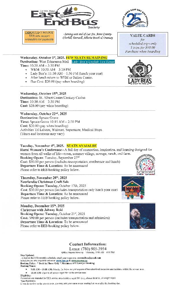 East End Bus Schedule Oct. - Dec. 2025